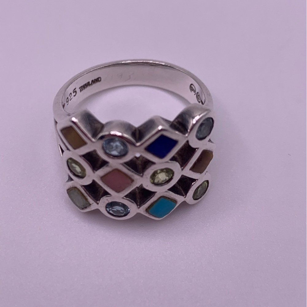 Vintage Sterling Silver Multi-Gemstone Inlaid Checkerboard Ring - Picture 5 of 12